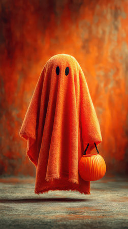 A playful orange ghost stands in a mysterious setting carrying a small pumpkin basket bringing a festive vibe to Halloween celebrations.の素材