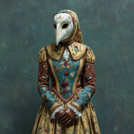 A masked figure stands elegantly in a colorful gown blending history with mystery in a dimly lit setting that evokes curiosity.の素材