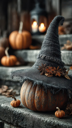 A carved pumpkin wears a stylish black witch hat adorned with spices. Soft orange hues contrast with dark decor capturing autumns magic.の素材