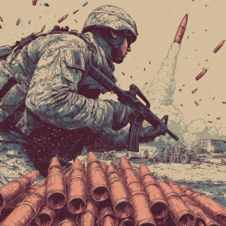 A soldier in tactical gear crouches behind ammunition ready for a mission. Explosions light the sky in a dramatic setting of conflict.の素材