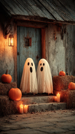 Two whimsical ghosts stand by a rustic door surrounded by pumpkins hay bales and flickering candles on a cool autumn evening.の素材