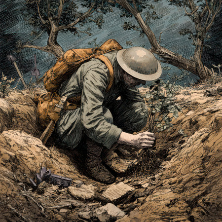 Amidst a scarred battlefield a soldier kneels carefully planting seedlings showing hope and resilience despite the destruction around.の素材