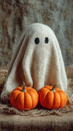 A playful ghost figure made from cloth sits between two bright pumpkins creating a charming autumn scene perfect for Halloween festivities.の素材
