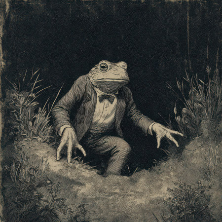 A dressed up frog wearing a suit and bow tie emerges from a burrow. Surrounding grass and plants hint at a whimsical scene.の素材