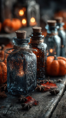 Glass jars catch soft light among tiny pumpkins and autumn leaves creating a warm cozy atmosphere of the fall season in a rustic setting.の素材