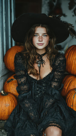 A young woman in a black dress and wide brimmed hat sits gracefully among bright orange pumpkins celebrating the beauty of autumn.の素材