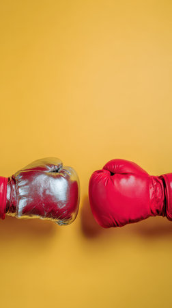 Red and silver gloves face each other against a bright orange background capturing the intensity before a boxing match.の素材