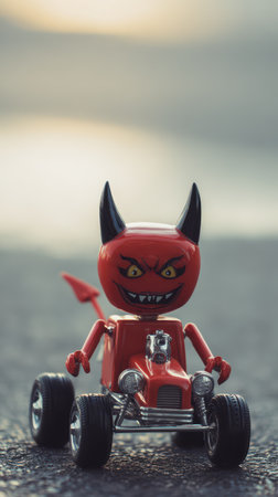 A bright red toy with a devilish face zooms along a sunlit street showcasing its cute yet mischievous charm on a miniature race car.の素材