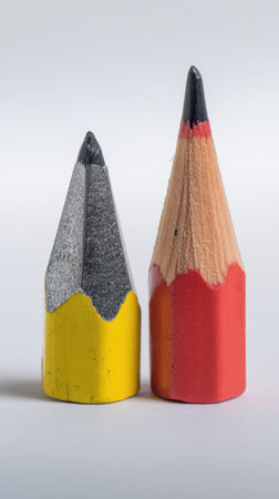 Two sharpened pencils one gray with yellow and the other light brown with red stand on a clean surface ready for creativity.の素材