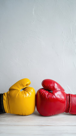 Two boxing gloves one red and one yellow are positioned close together suggesting an upcoming match. The setting is neutral and focused.の素材