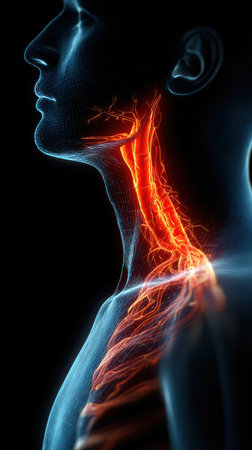 An intricate visualization highlights the necks anatomy with glowing structures revealing the complexity of veins and muscles in vivid colors.の素材