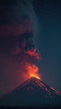A volcano erupts shooting glowing lava and ash into the night sky framed by dark clouds and distant starsの素材
