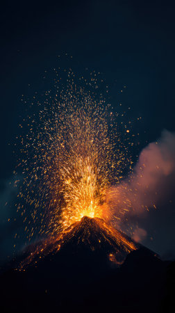 A stunning volcanic eruption lights up the night sky with fiery lava and sparks creating a mesmerizing display of natures power and beauty.の素材
