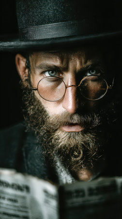 A man with a thick beard and glasses intensely reads a newspaper showcasing a moment of deep thought in a dimly lit environment.の素材