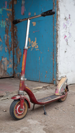 An old rusty scooter stands on a dusty ground near a vibrant blue wall. The scene captures faded charm and urban decay in a quiet moment.の素材