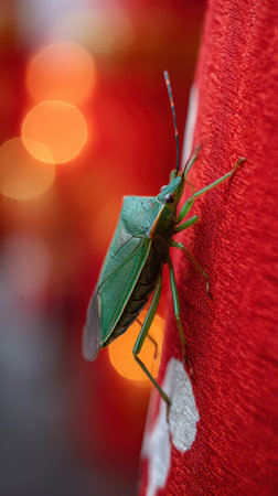 A bright green bug climbs up a vivid red fabric surrounded by soft blurred lights creating a festive atmosphere in the background.の素材