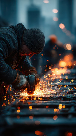 A skilled worker grinds metal sending sparks flying in an industrial setting. The atmosphere is lively with focused workers around.の素材