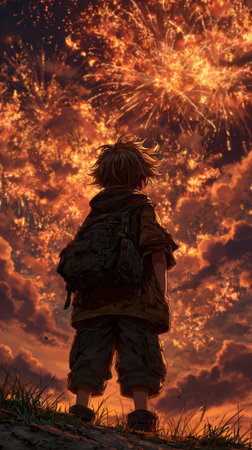 A young child stands with a backpack watching bright fireworks explode against a dramatic sunset filled with rich oranges and deep purples.の素材