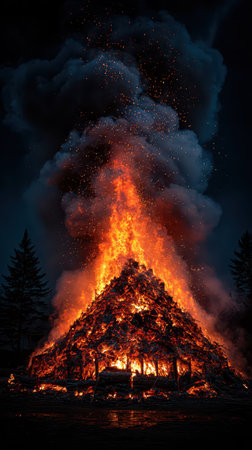 A large bonfire roars to life illuminating the night while smoke and sparks rise against the dark sky surrounded by tall trees.の素材