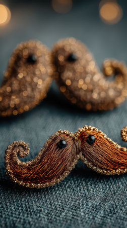 Colorful mustache shaped accessories rest on a soft surface capturing warm light and creating a playful cheerful vibe perfect for fun occasions.の素材