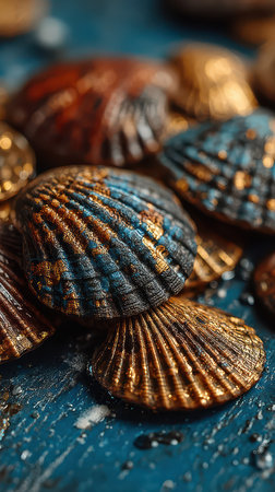 Beautiful seashells with vibrant colors rest on a blue wooden table showcasing their unique textures and patterns under soft lighting.の素材