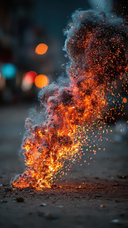 A vibrant eruption of sparks and smoke dances into the night sky illuminating the dark street with bursts of orange and gold.の素材