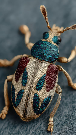 A vibrant beetle with stunning colors and detailed patterns rests on a smooth surface showcasing natures artistic design and beauty.の素材