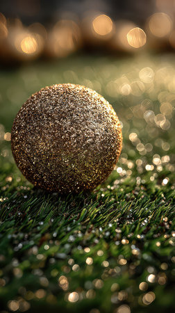 A shiny gold ball rests on vibrant green grass glimmering in soft sunlight. The scene feels warm and inviting perfect for outdoor fun.の素材