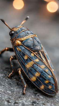 A stunning cicada with vibrant blue and gold colors is perched on a rough stone. Soft lights twinkle in the background creating a magical atmosphere.の素材