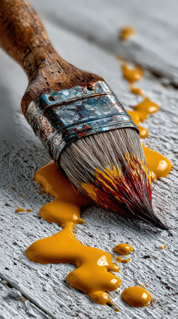A used paintbrush rests on a weathered wooden surface with bright yellow paint spilling around it showcasing a creative moment captured in time.の素材