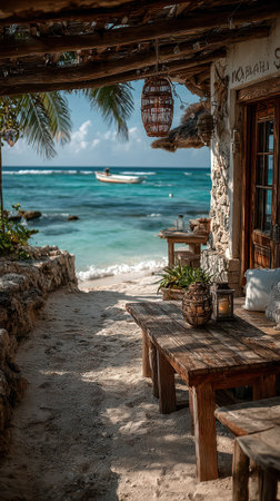 A wooden table is set near the beach inviting relaxation. Clear turquoise waters glisten under the sun as a boat gently passes by.の素材