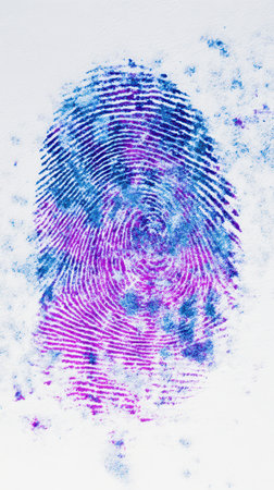 A vibrant fingerprint design showcases swirling patterns in shades of blue and purple on a clean white backdrop creating an artistic effect.の素材