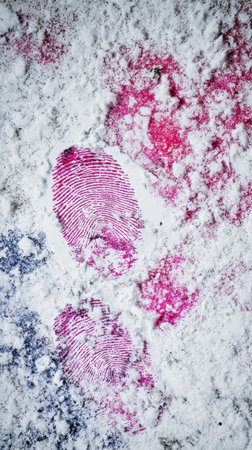 Bright pink fingerprints contrast against a snowy background showcasing a creative expression in natures soft white canvas.の素材