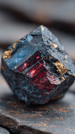 This close up view reveals a striking mineral cube with vibrant red and blue hues sparkling metallic veins resting on a rustic wooden surface.の素材