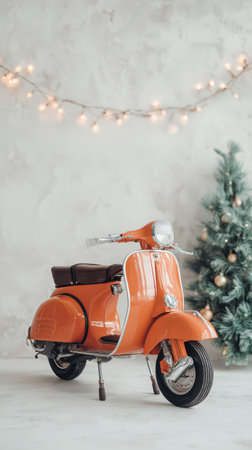 A charming orange scooter stands near a decorated Christmas tree brightening the room with joy and nostalgia during the holiday season.の素材