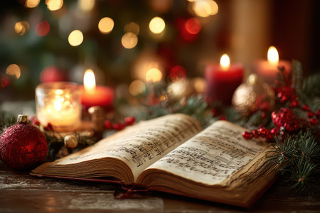 A beautifully set scene features an open music book surrounded by glowing candles ornaments and festive greenery evoking warmth and joy.の素材