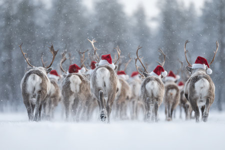 A group of reindeer adorned with bright red hats strolls through a snowy landscape surrounded by tall winter trees under soft falling snowflakes.の素材