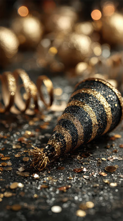 Shiny black and gold party hat lies on a table filled with sparkling confetti and curled ribbons creating a festive atmosphere for celebration.の素材