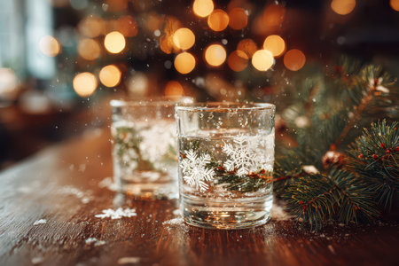 Two festive glasses filled with sparkling water sit on a wooden table surrounded by pine branches and soft bokeh lights in a cozy setting.の素材