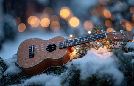 A cozy ukulele lies amidst fresh snow and pine branches with twinkling lights glowing softly in the background at dusk creating a warm atmosphere.の素材