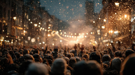 People gather joyfully in a snowy street hands raised in excitement as festive lights twinkle around them during a winter celebration.の素材