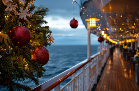 A festive scene shows a cruise ship deck adorned with bright red ornaments and twinkling lights embracing the holiday spirit amidst ocean waves.の素材