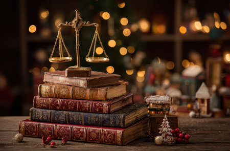 Golden scales of justice sit atop antique books surrounded by warm holiday lights and festive decorations for a cozy vibe.の素材