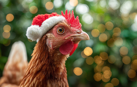 A cheerful chicken wearing a small red and white Santa hat stands against a backdrop of soft green foliage and glowing lights.の素材