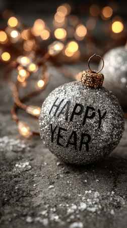 A glittery silver ornament with the words happy year shines brightly against a cozy background of warm string lights and soft textures.の素材