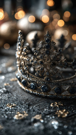 A beautifully detailed crown sits on a dark surface surrounded by festive lights and elegant decor creating a magical scene.の素材