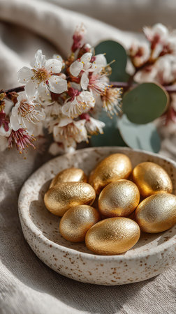 Golden eggs rest inside a speckled bowl surrounded by soft floral blooms and lush greenery creating a serene and elegant scene.の素材