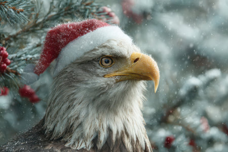 A majestic bald eagle adorned with a bright red Santa hat sits among snowy pine branches embodying the holiday spirit in a winter wonderland.の素材