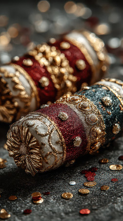 Brightly colored decorative pieces shine with intricate details perfect for festive occasions adding charm and elegance to any celebration.の素材