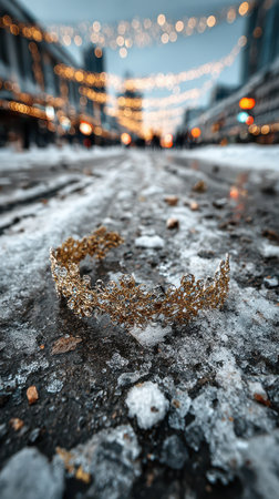 A delicate golden crown rests on icy pavement surrounded by twinkling lights and the vibrant atmosphere of a winter evening.の素材